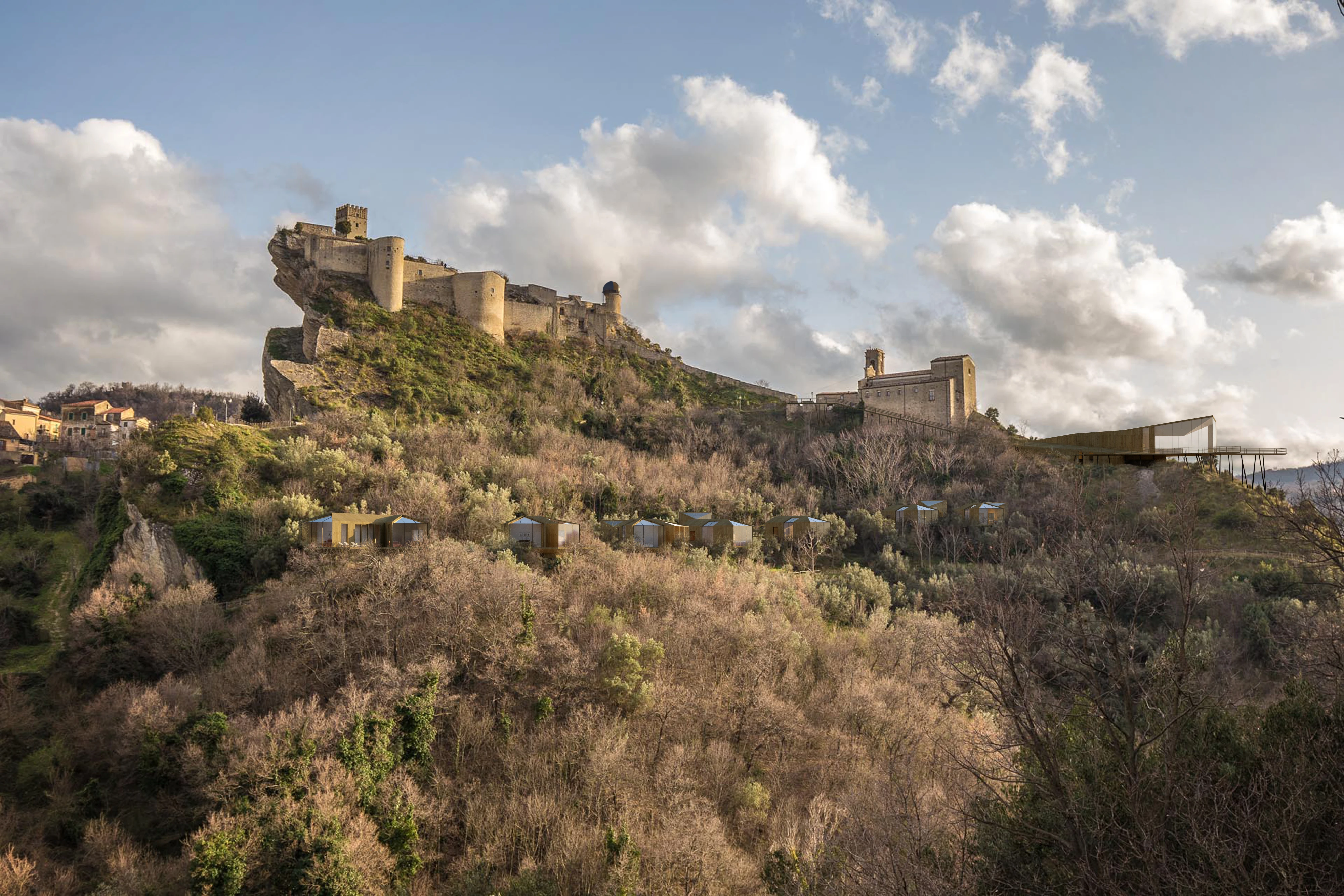 Small observatory houses in a hillside landscape below a castle.